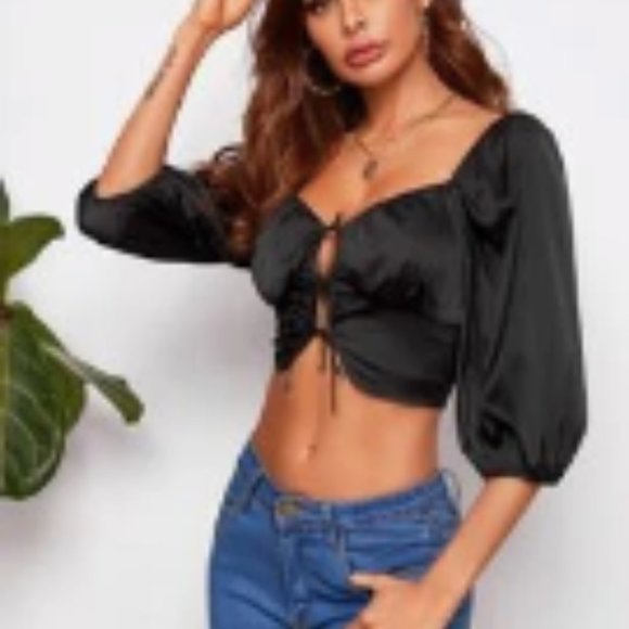 🦋 tie front lantern sleeve satin crop top 🦋 - Picture 2 of 2